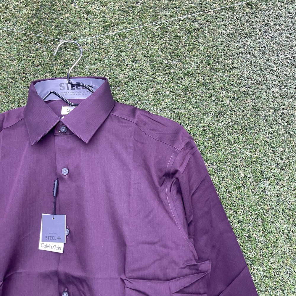 Calvin Klein Steel+ Dress Shirt Mens 15.5 32/33 Slim Fit Purple Ruby Button NWT